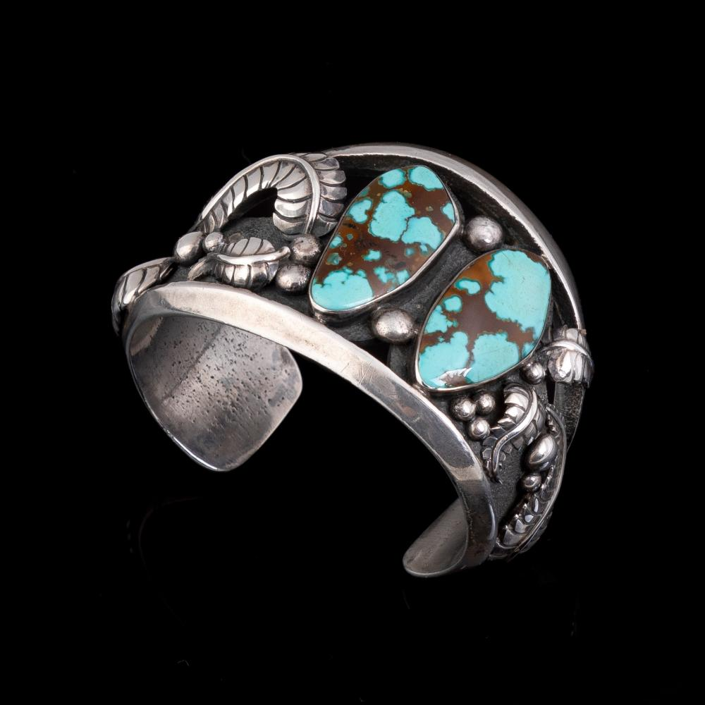 PRESTON MONONGYE SILVER AND TURQUOISE CUFF BRACELETPreston Monongye Hopi 1927
