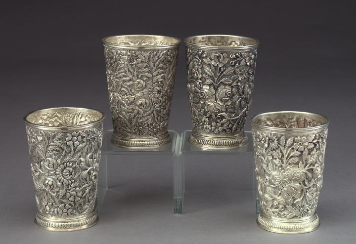 Rare Set of Twelve Sterling Silver Floral Repousse Magnum Julep