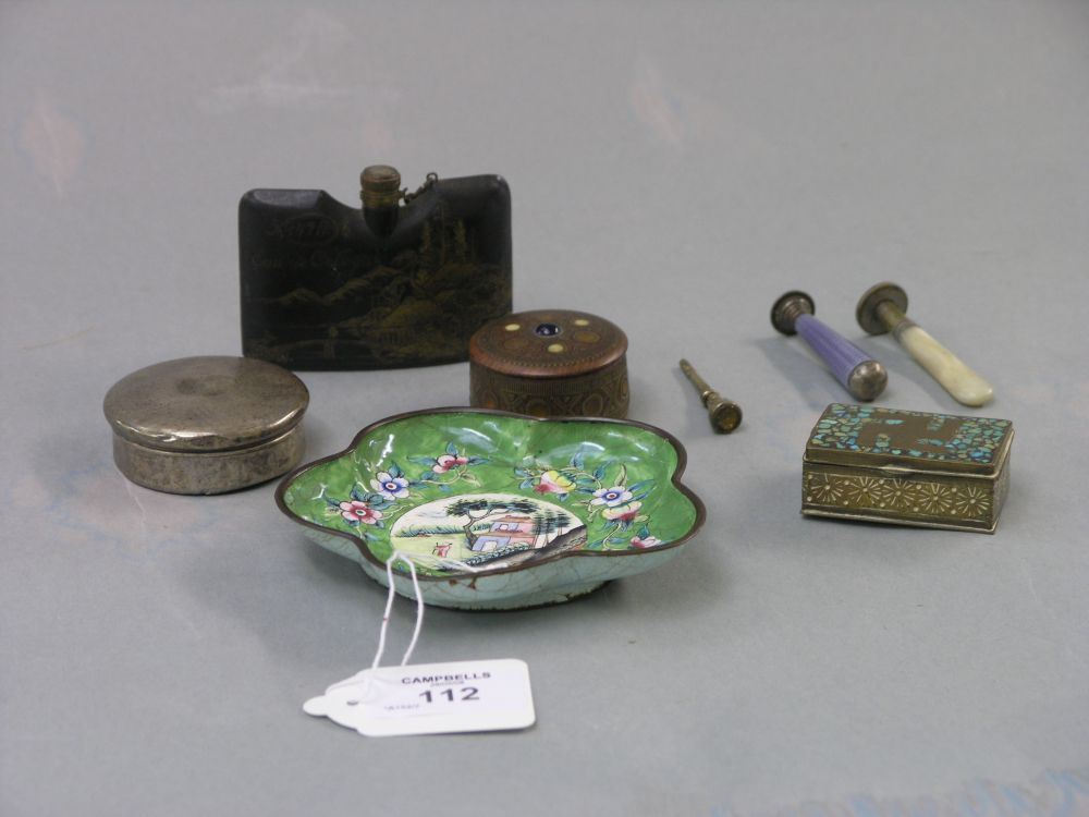 Miscellanea including a Chinese enamelled dish a silver circular box