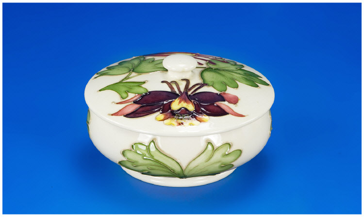 Moorcroft Powder Bowl Cover Columbine Pattern on Green Ground Marks