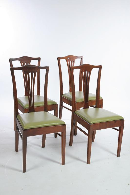 FOUR SIDE CHAIRS Walnut slat back chairs with forest green