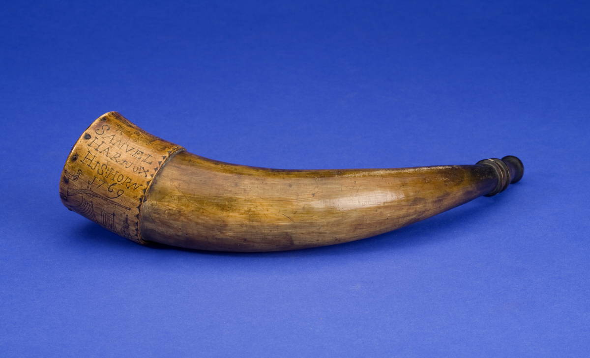 CARVED AND ENGRAVED POWDERHORN OF SAMUEL HARRIS DATED 1769 With