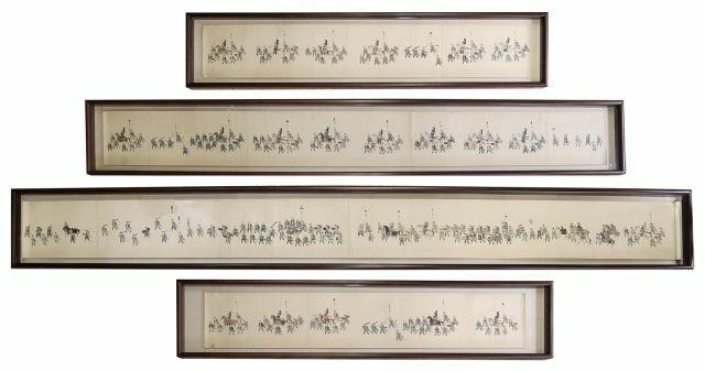 lot of 4 Framed Japanese Daimyo procession hand scroll likely