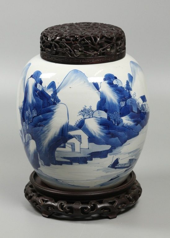Chinese blue white porcelain jar possibly 18th c landscape motif
