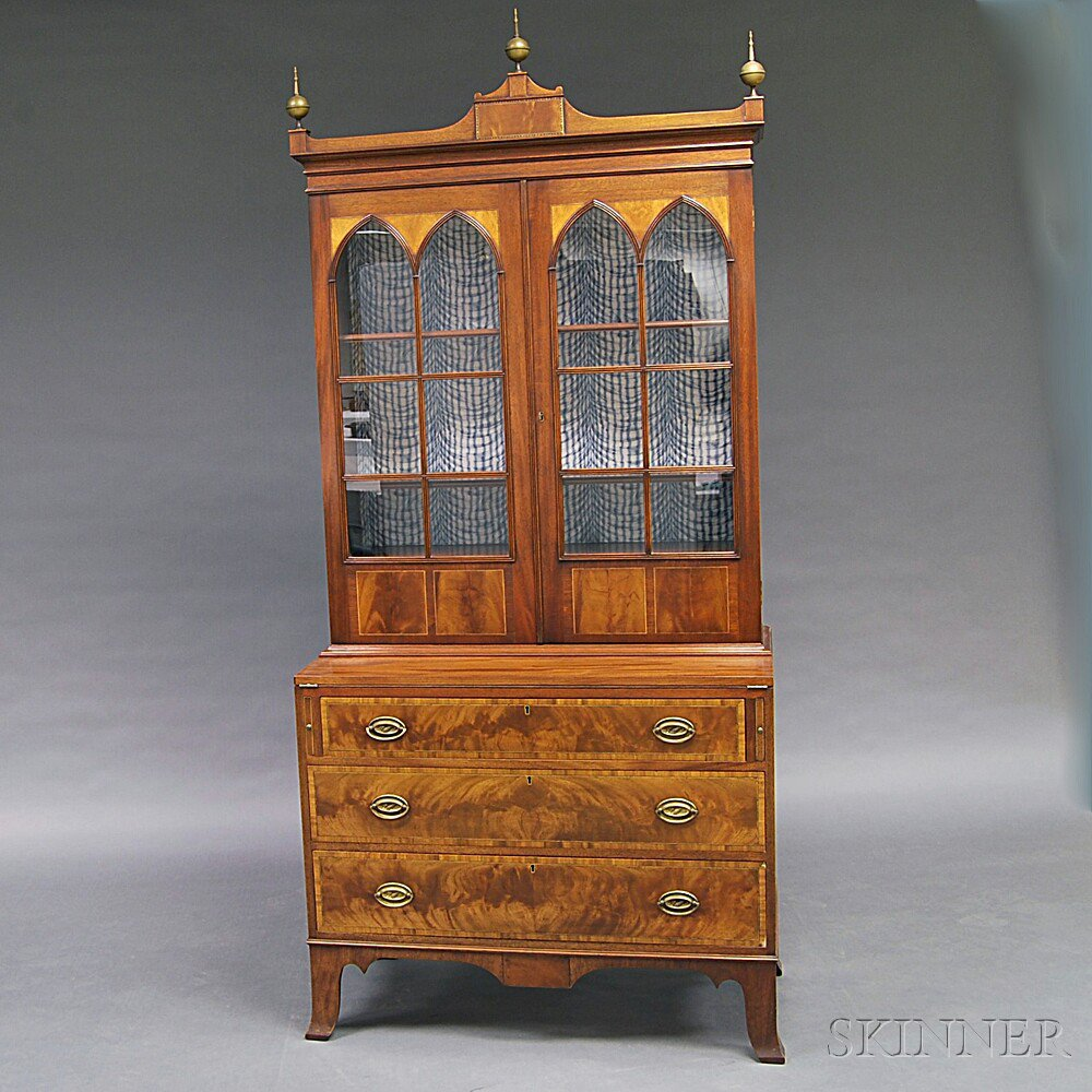 Federal style Inlaid Mahogany Glazed Secretary Bookcase in the manner
