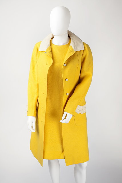 A 1960s yellow dress and coat suit with cream collar
