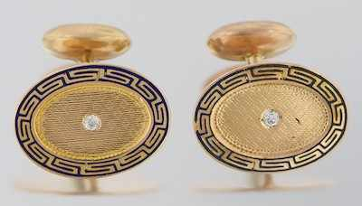 A Pair of Diamond and Enamel Cufflinks 10k yellow gold
