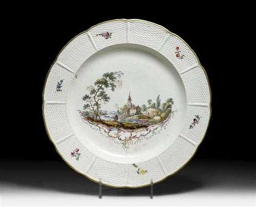 PLATTER WITH RIVER LANDSCAPE Ludwigsburg circa 1760 70 Basket weave
