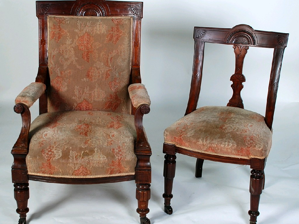 SIX PIECE LATE VCITORIAN CARVED MAHOGANY PART DRAWING ROOM SUITE
