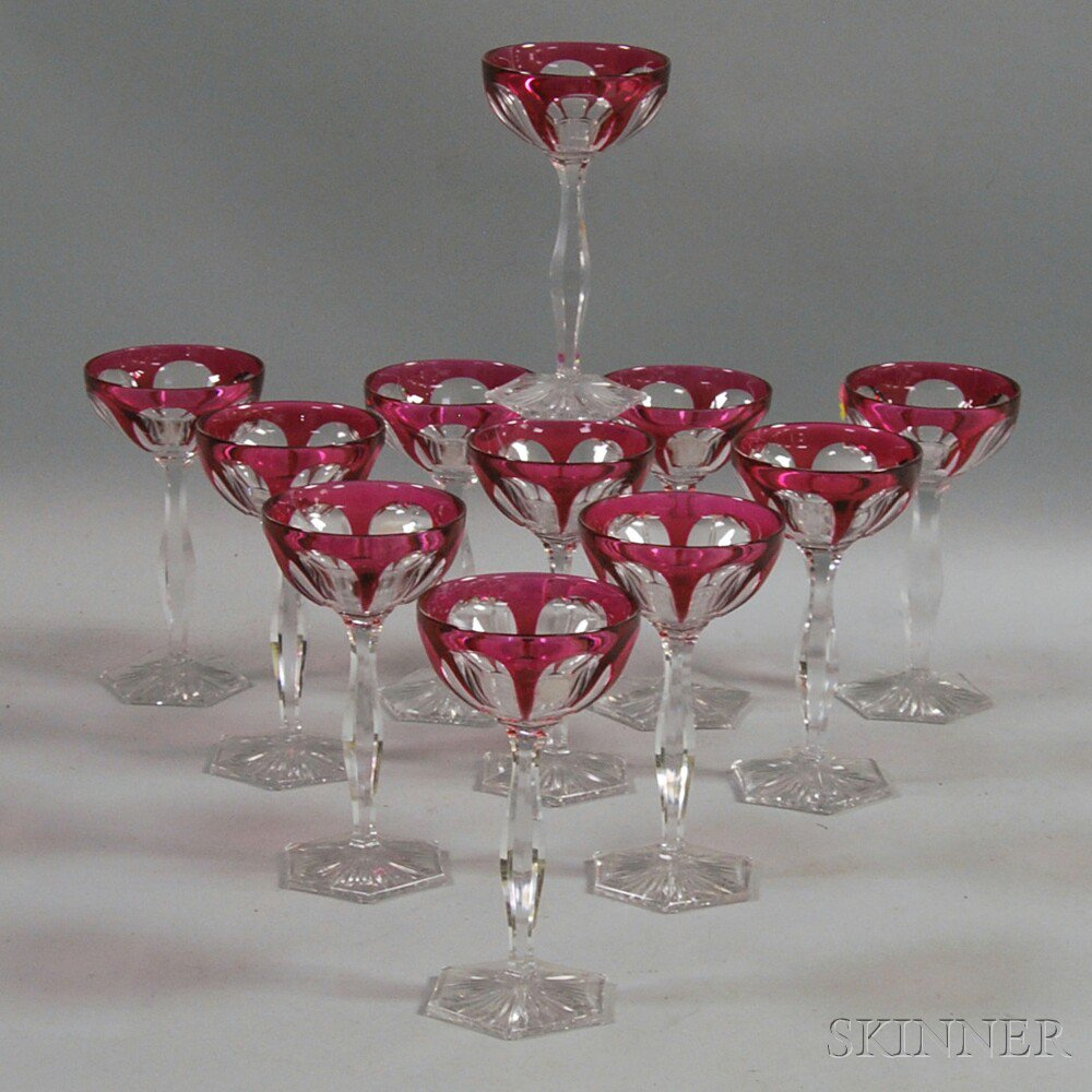 Set of Twelve Cranberry Cut to clear Glass Goblets ht