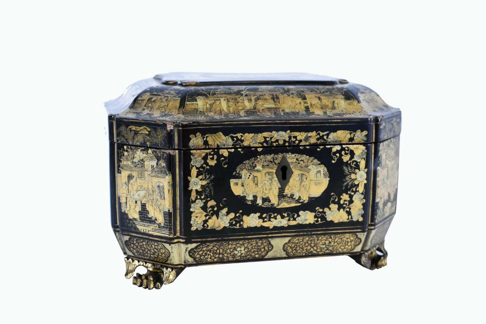 CHINESE GILT DECORATED BLACK LACQUER TEA BOX19th Century The shaped