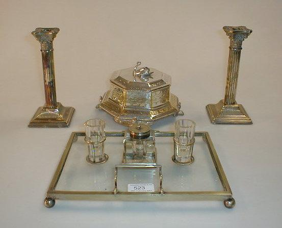 A glass and electroplate desk stand a pair of plated