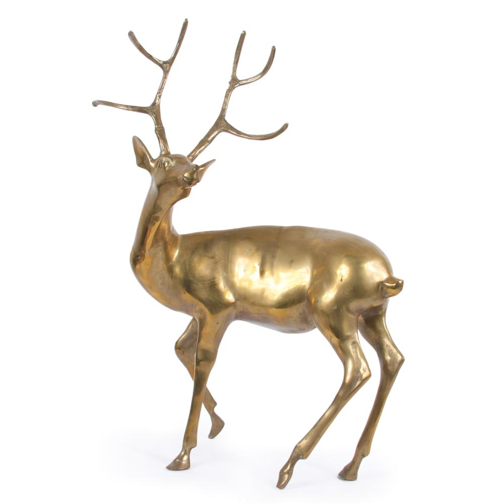 LARGE FLOOR STANDING BRASS FIGURE OF A DEER BUCK STAG