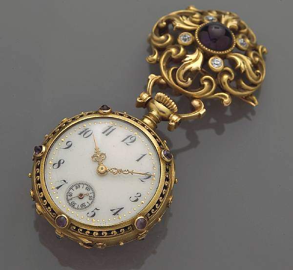 An amethyst diamond and enamel open face pocket watch with