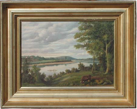 UNSIGNED American 19th Century BASKAHEGAN RIVER FERRY Oil on canvas