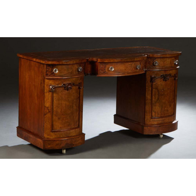English Victorian Burled Walnut Writing Table 19th c the bowed