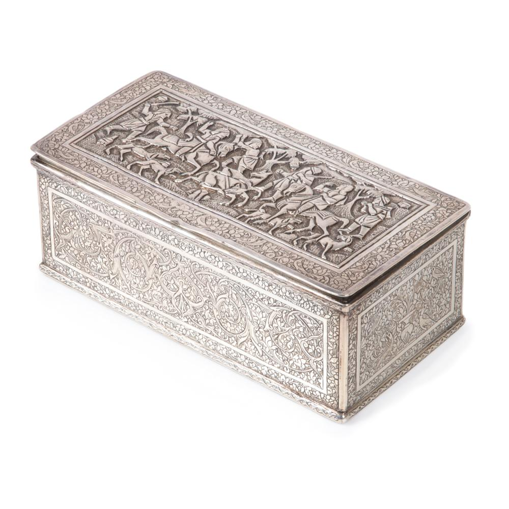 ANTIQUE PERSIAN SILVER BOX WITH EMBOSSED HUNT SCENE AND PROFUSE