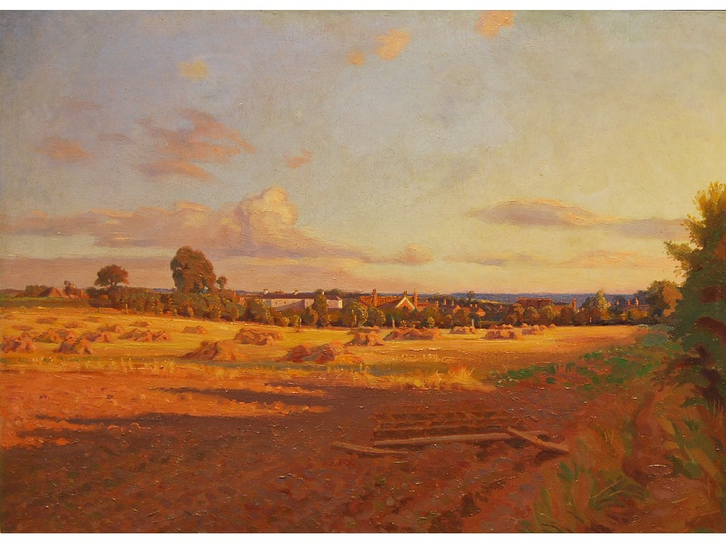 F W Jackson Attrib Haymaking with distant village oil on