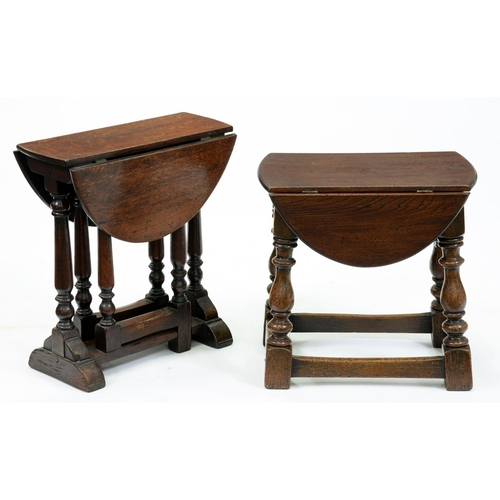Two dwarf oak drop leaf tables 52 and 46cm h
