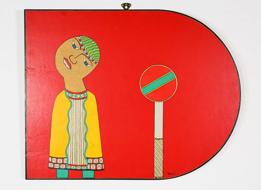SIGNED TALI OIL ON WOOD PANELHand painted arch form wood