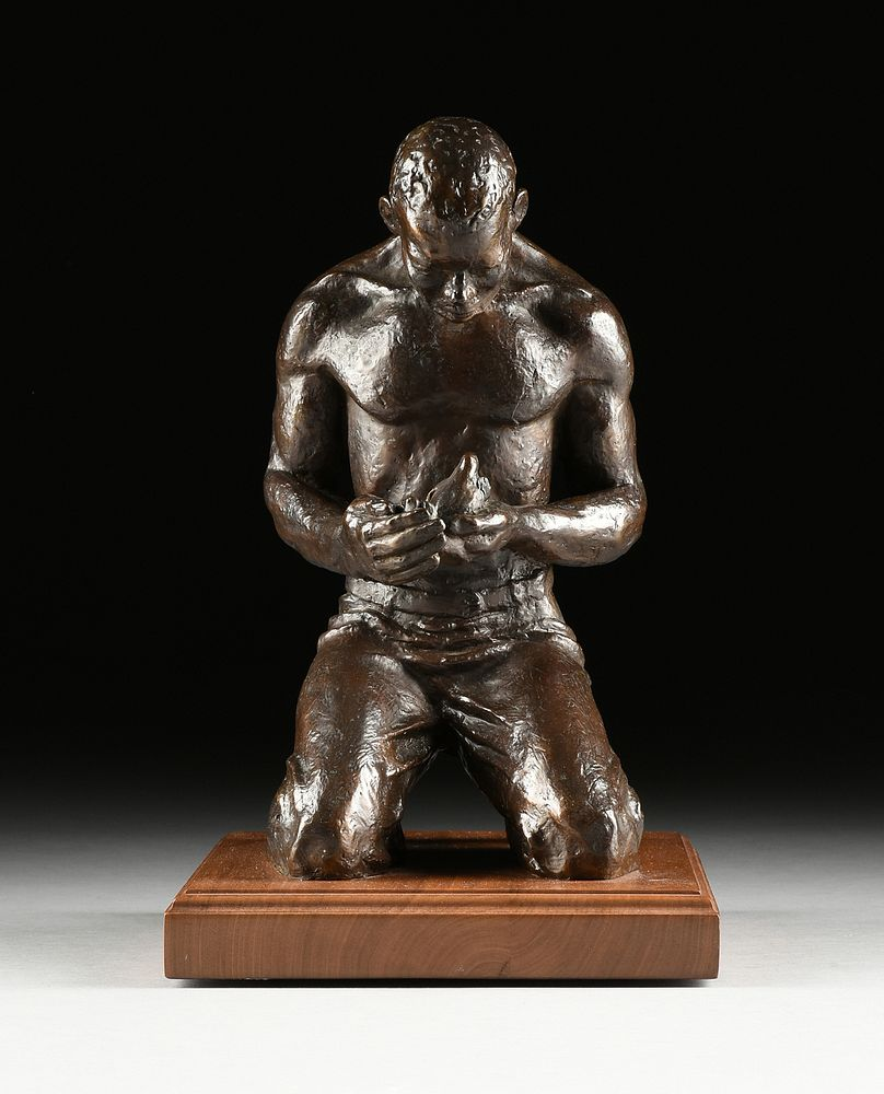 JIM RENO American 1929 2008 A BRONZE FIGURAL SCULPTURE Kneeling