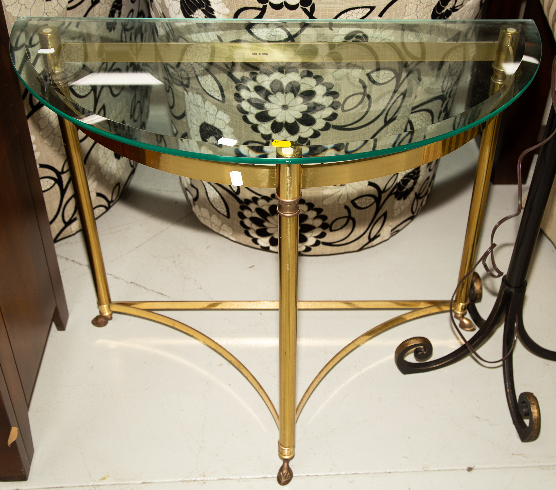 NEOCLASSICAL DEMILUNE PIER TABLE TORCHIERE Comprising an Italian gilt metal