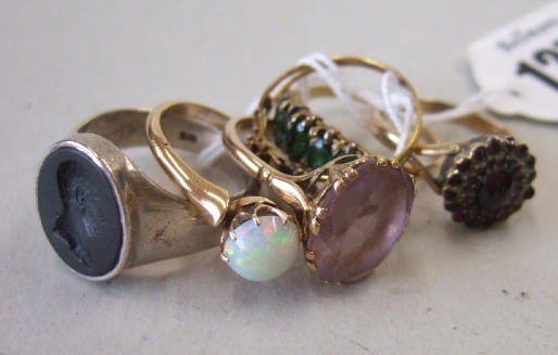 A Bohemian garnet set cluster ring an imitation pearl and