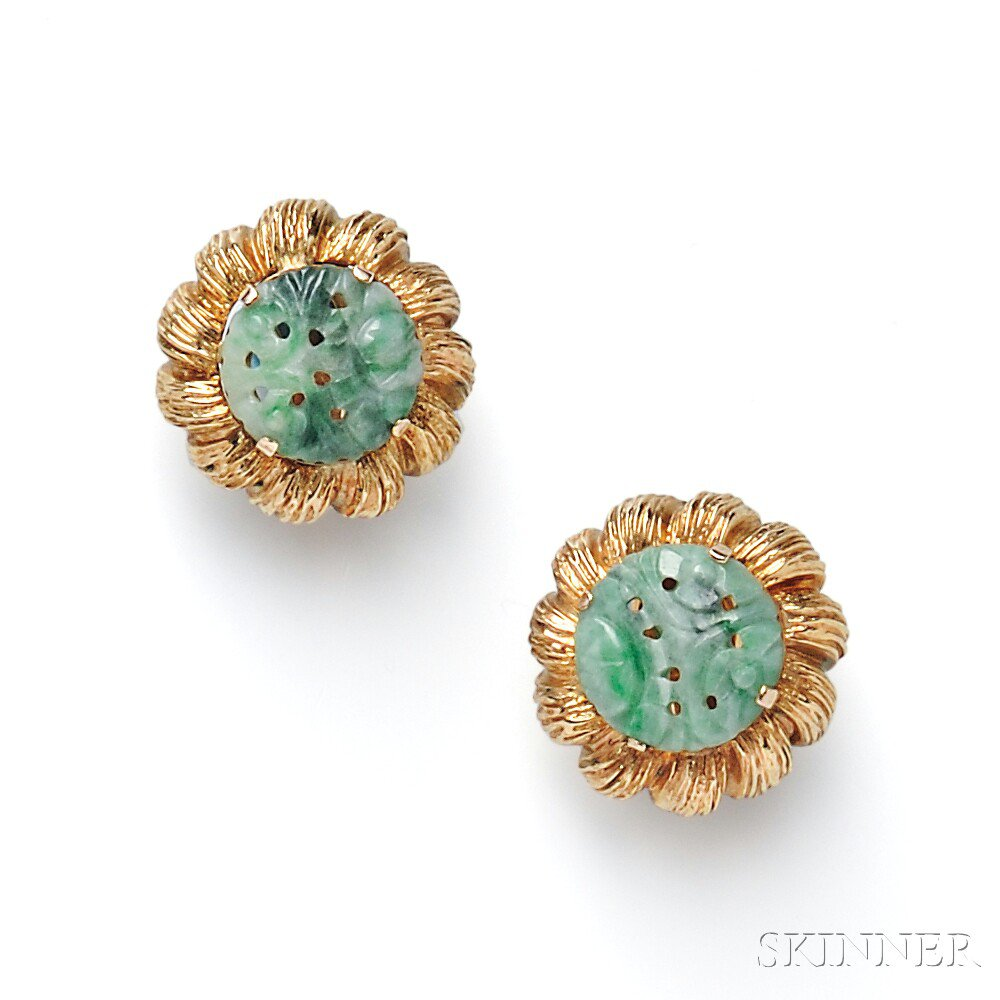 14kt Gold and Jade Earclips each with a carved jade