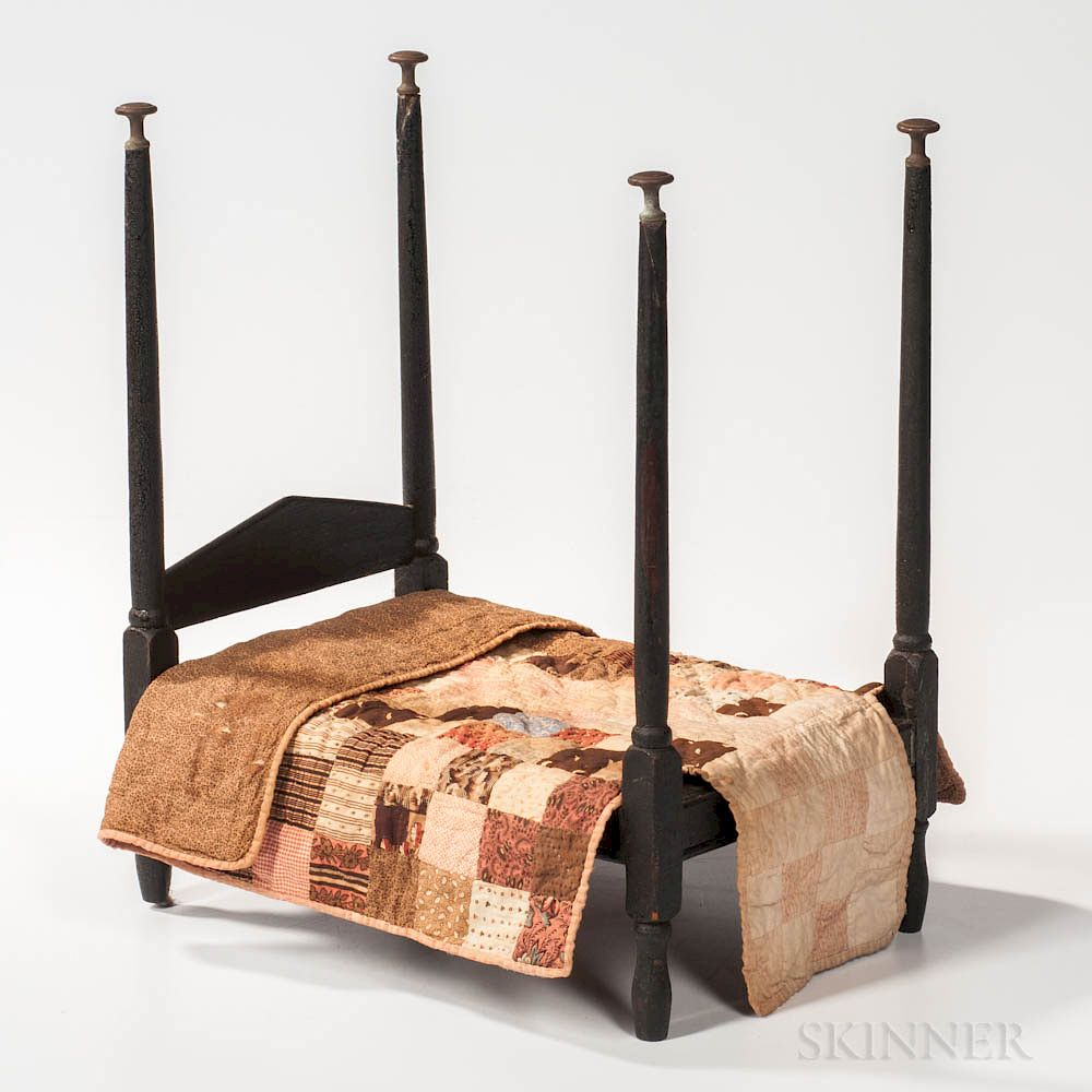 Turned and Black painted Four post Doll Bed Turned and