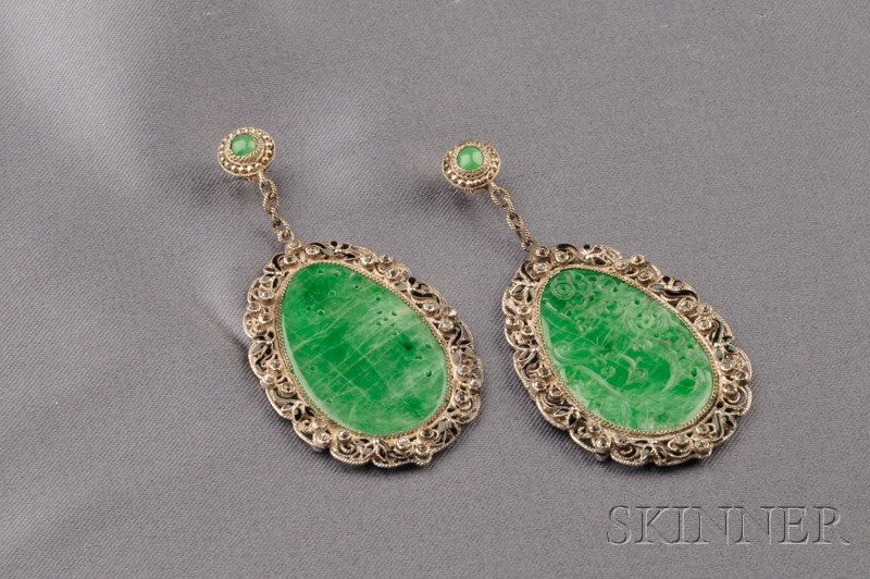 Silver Jadeite and Enamel Earpendants each jadeite drop carved to