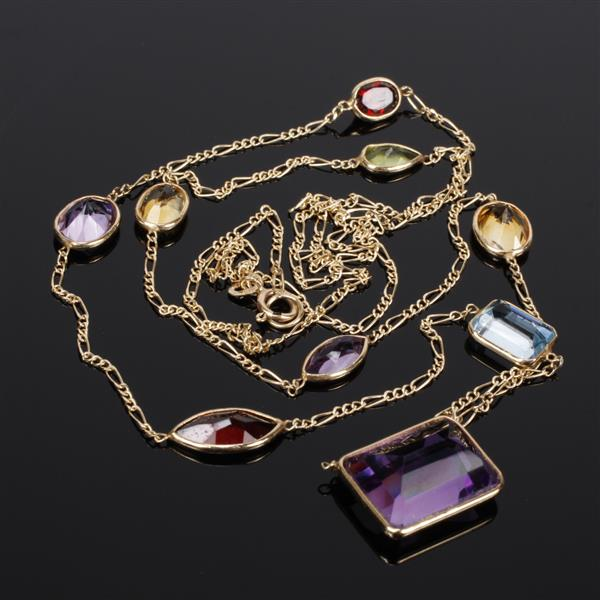 Multi Gem 14K yellow gold necklace Central emerald cut amethyst