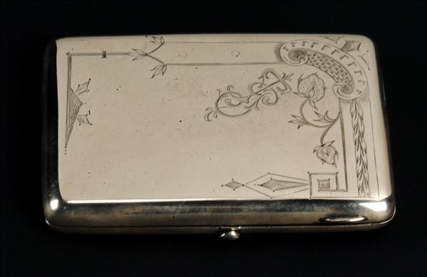 A Russian silver coloured rectangular cigarette case by Pyetr Abrosimov