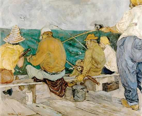 Miller American mid 20th century SUNDAY FISHERMEN oil on canvas