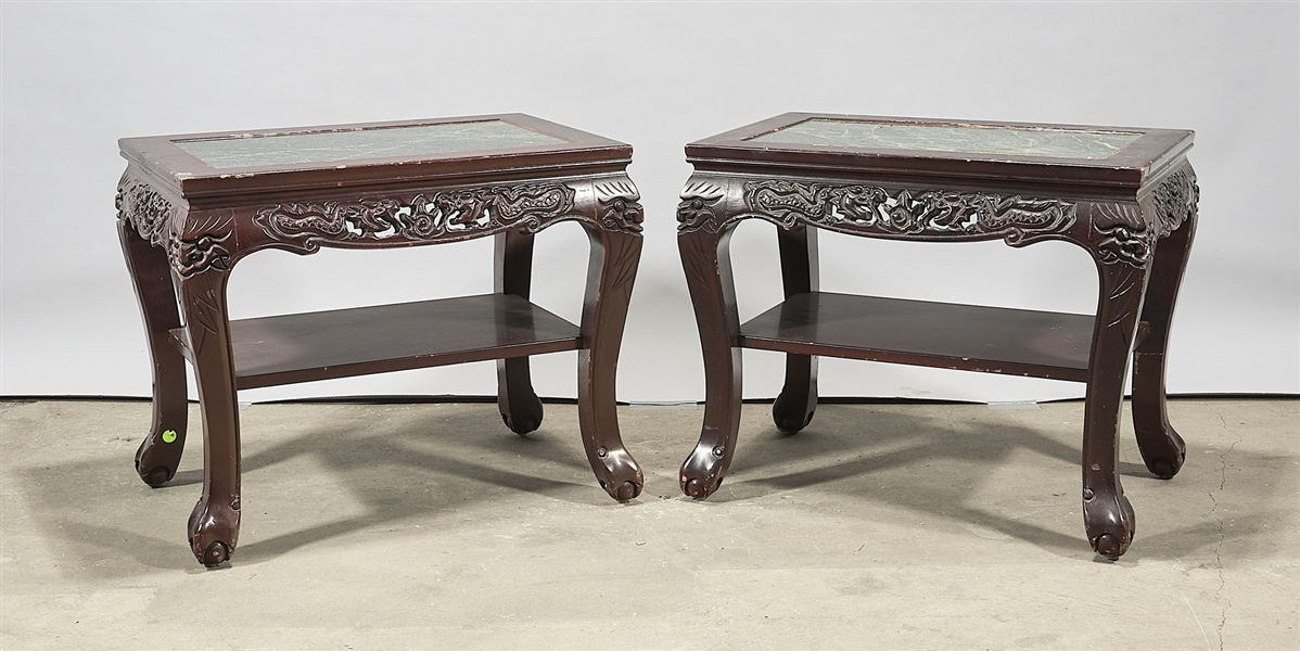 Pair of Chinese stone inset hard wood side tables with