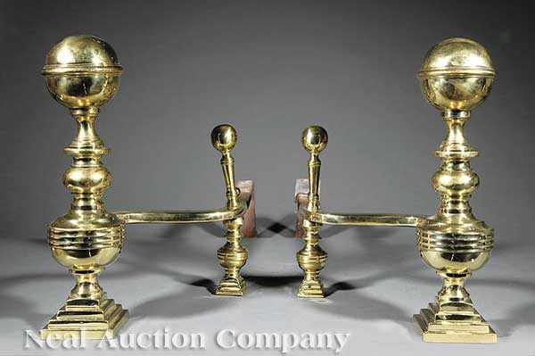 A Pair of American Classical Polished Brass Andirons 19th c
