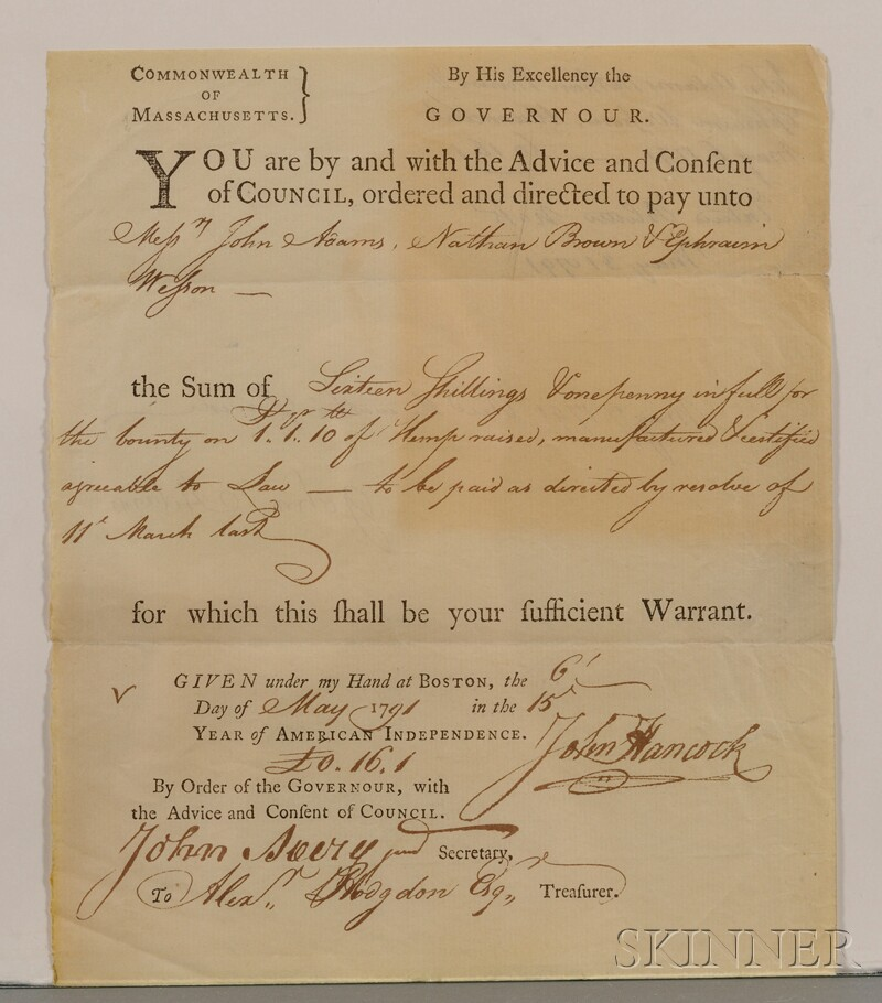Hancock John 1737 1793 Signed document one page May 6th