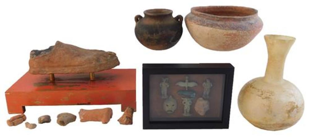 ANTIQUITIES Seventeen pieces of pottery and carvings details include Etruscan