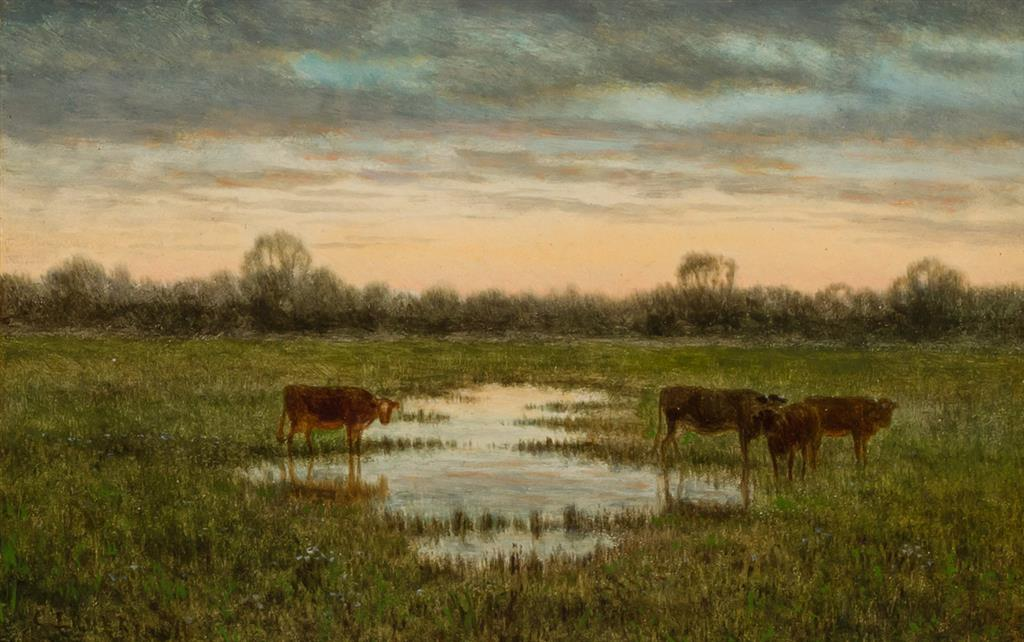 CLINTON LOVERIDGE American 1838 1915 Landscape with Cows at Sunset