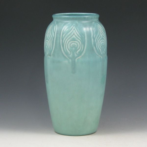 Rookwood vase from 1919 with stylized peacock feathers in light