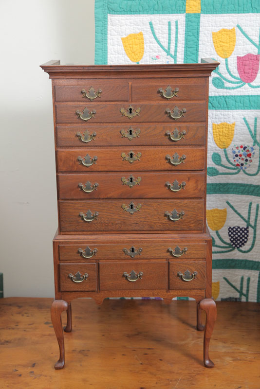 MINIATURE HIGHBOY Walnut two piece with two over five graduated