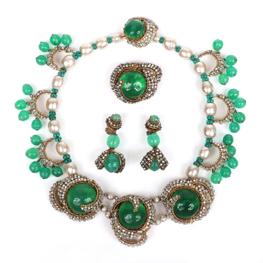 MIRIAM HASKELL EMERALD GREEN 3PC PARURE COLLAR NECKLACE WITH PAVE