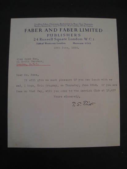 ELIOT T S Typed letter signed to Alan Ross London