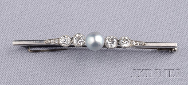 Art Deco Platinum Pearl and Diamond Bar Pin centering a