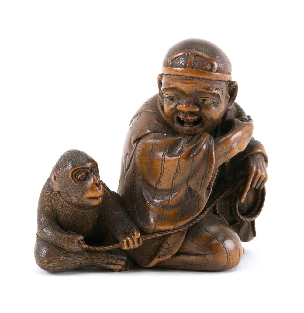 JAPANESE WOOD NETSUKE BY ITSUMIN MID 19TH CENTURY HEIGHT 1