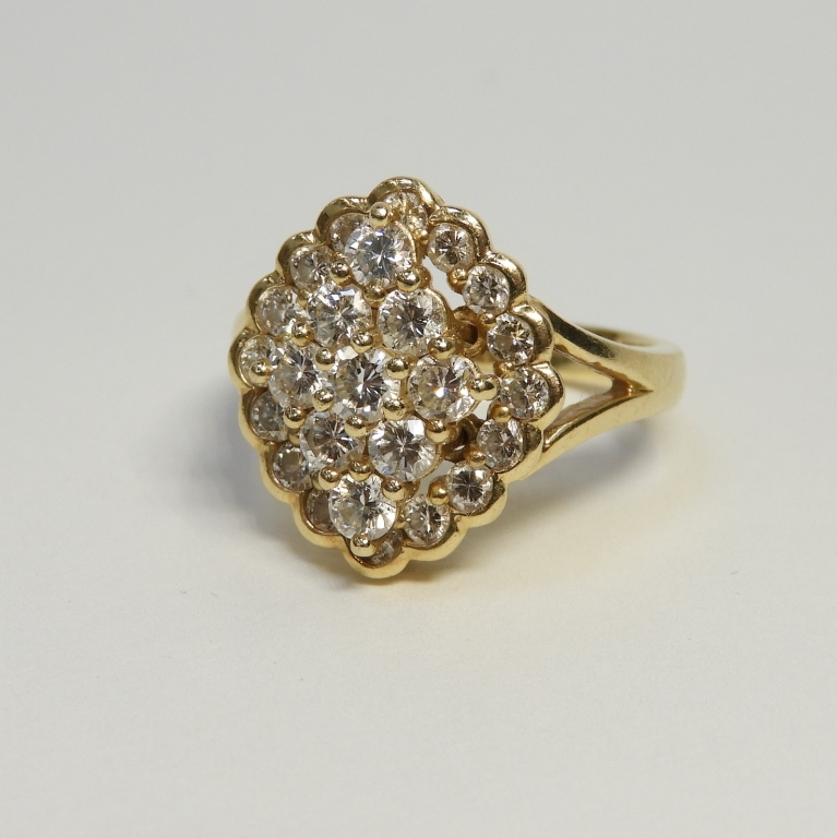 14K YELLOW GOLD DIAMOND CLUSTER COCKTAIL RING Europe 20th CenturyA