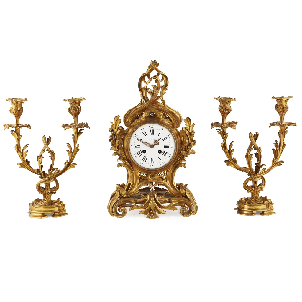 FRENCH GILT BRONZE ROCOCO STYLE CLOCK GARNITURE LEROY ET FILS