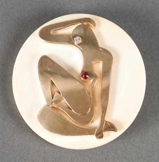 Ivory gold diamond and ruby cabochon Henri Mattise inspired brooch