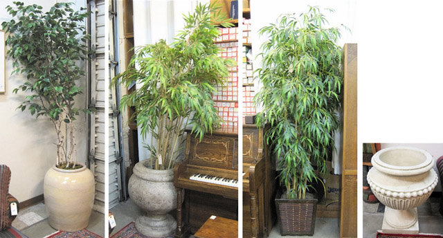 FOUR DECORATIVE PLANTERS AND THREE ARTIFICIAL HOUSE PLANTS including a