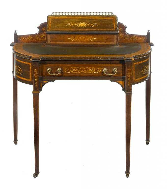 AN EDWARD VII MAHOGANY WRITING TABLE crossbanded in satinwood and