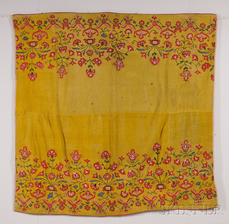 Crewel Embroidered Petticoat Pieced to Form a Coverlet 18th century